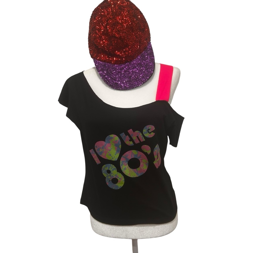 I ❤️the 80s womens graphic shirt black size med Off  Shoulder & sequin cap disco
